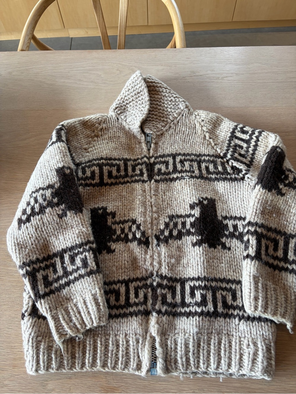 Vintage hand-knit wool, Cowichan-style eagle cardigan